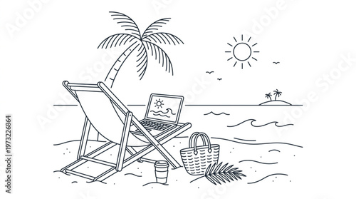A black and white illustration of a beach scene with a laptop on a deck chair near a palm tree and a wicker basket