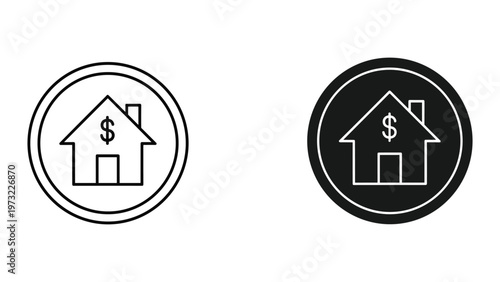 Two black and white icons of a house with a dollar sign on the roof in a circular frame
