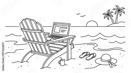 A serene beach scene featuring a laptop on a beach chair with a hat and sandals nearby, set against a calm ocean with palm trees in the background, conveying a relaxing and peaceful mood