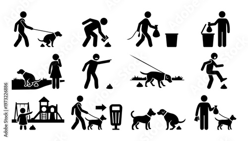 Dog Waste Responsibility Silhouette Set – Clean Up After Your Dog, Pet Owner Behavior Icons