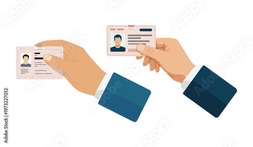 Two hands display personal identification cards with photos and details on a white background