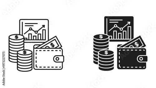 Two line icons depicting financial concepts with wallets and coins on a white background
