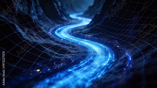 Blue light stream flowing through dark grid tunnel