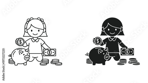 A black and white illustration of two cartoon girls saving money by putting coins into their respective piggy banks