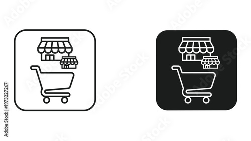 Two shopping cart icons with store awnings on a white background for e-commerce concepts