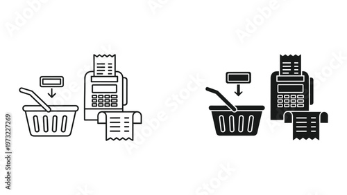 Two black and white icons depicting a shopping basket with a receipt printer and a barcode scanner