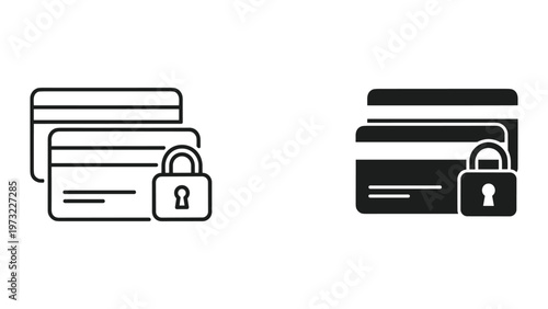 Two black and white icons of credit cards with a padlock representing secure payment and financial protection