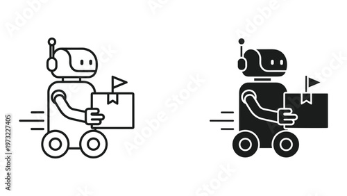 Two robot couriers delivering packages on white background