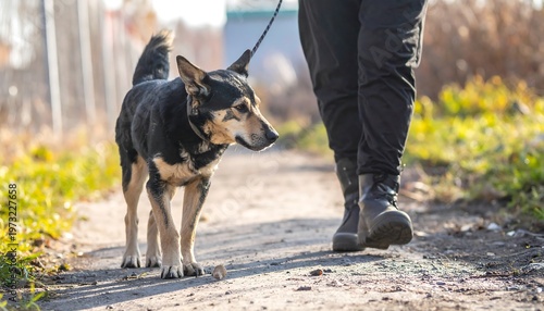 A dog walks on a leash with its owner on a sunny autumn day.