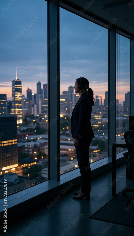 Fototapeta premium Busy woman looks out the window at the city skyline during sunset while working in an office