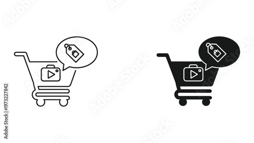 Two shopping cart icons with price tags and play buttons on a white background for e-commerce and video content
