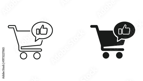 Two shopping cart icons with thumbs up symbols on a white background