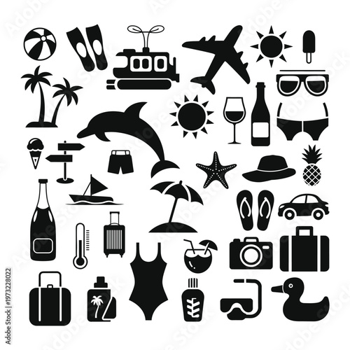 Black and white vector illustration of various summer vacation icons