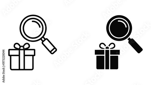 Two magnifying glass icons with gift boxes in black and white on a plain background for search or detective concepts