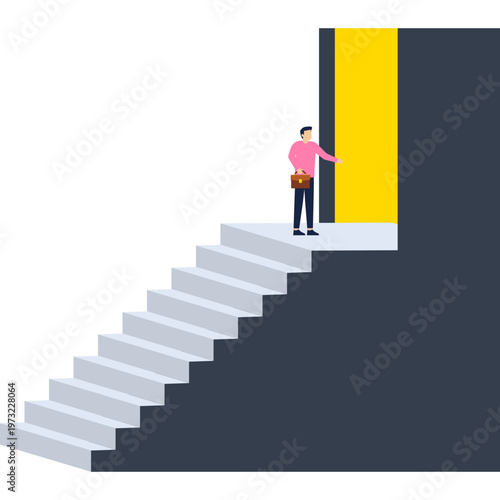 Man silhouette standing before a bright glowing portal at the top of stairs, symbolizing strategic leadership, future business opportunities, and career breakthrough,

