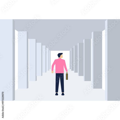Man walking through a long corridor of concrete pillars representing stability and consistent long term career growth

