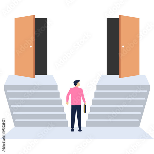 Man standing before two different staircases leading to separate open doors representing career choice and strategic decision making

