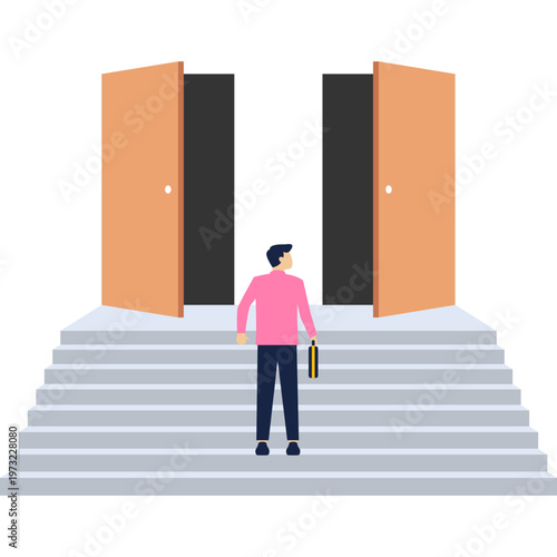 Man standing before two different staircases leading to separate open doors representing career choice and strategic decision making

