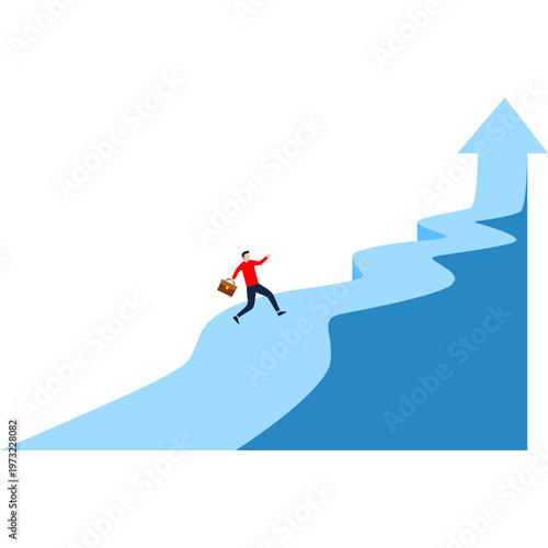 Man Running Toward Success on Rising Winding Arrow Path - Career Growth and Upward Progress,

