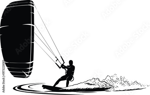 Kitesurfing Silhouette Man Surfing on Ocean Waves Kiteboarding Extreme Water Sports Athlete Action Vector Illustration Flavector Professional Graphic Design Asset