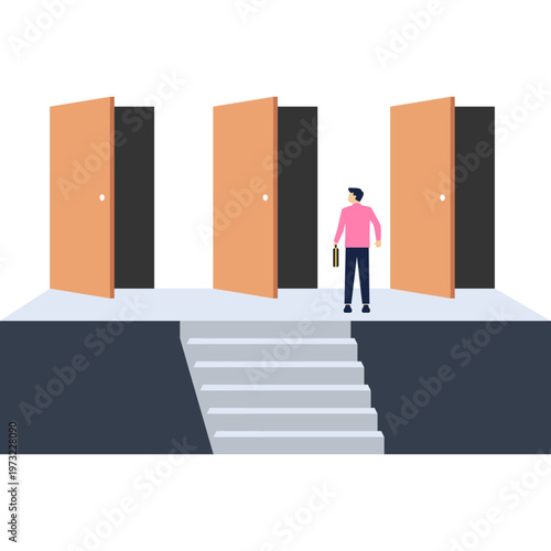 Man standing at the top of a staircase facing three open doors with light representing career choices and opportunities,

