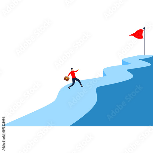 Man walking toward a rising zigzag path with a red flag on top, challenge, ambition, perseverance, journey, growth, determination
