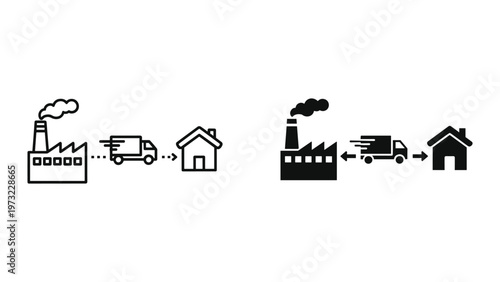 A graphic illustration showing two different supply chain processes from factory to home with trucks transporting goods