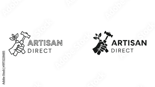 The Artisan Direct logo features a hand holding a hammer with leaves growing from it in two different styles on a white background