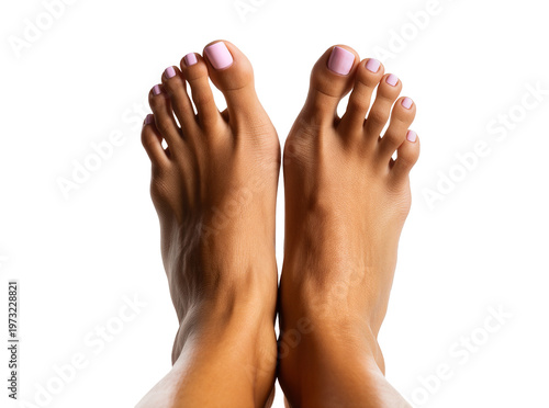 Isolated clean well-groomed female feet with fresh light pink pedicure and polished nails