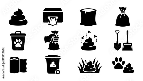 Dog Waste Cleanup Icons Silhouette Set – Poop, Bags, Bin, Tools and Pet Hygiene Symbols