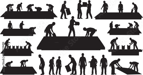 construction workers teamwork on rooftop flat design vector illustration