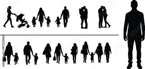 Family silhouettes collection parents children walking couples love parenting lifestyle people isolated vector illustration human relationships concept set