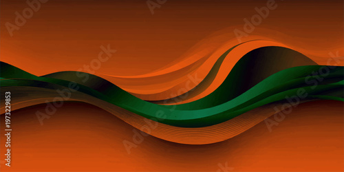 Abstract flowing design with gradient orange and dark green wave elements, evoking a sense of fluid movement and modern design. 