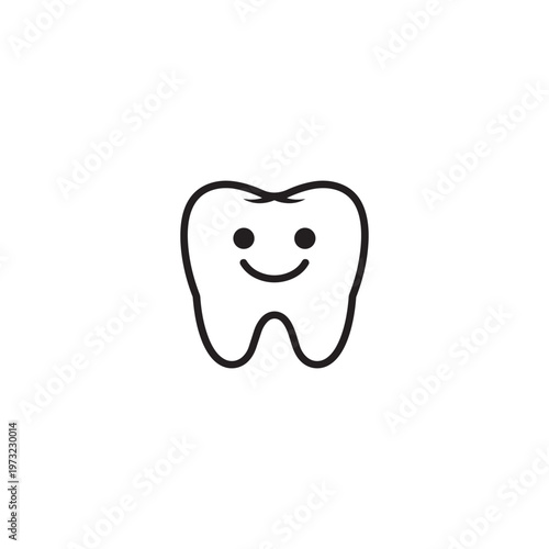 Happy smiling tooth character icon — cute cartoon molar with smiley face in outline style for dental clinic, oral health and pediatric dentistry, flat black vector illustration