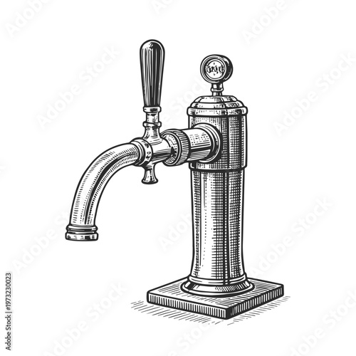 Vintage beer tap vector illustration in black and white. Hand drawn draft dispenser with faucet and handle in engraved retro style.