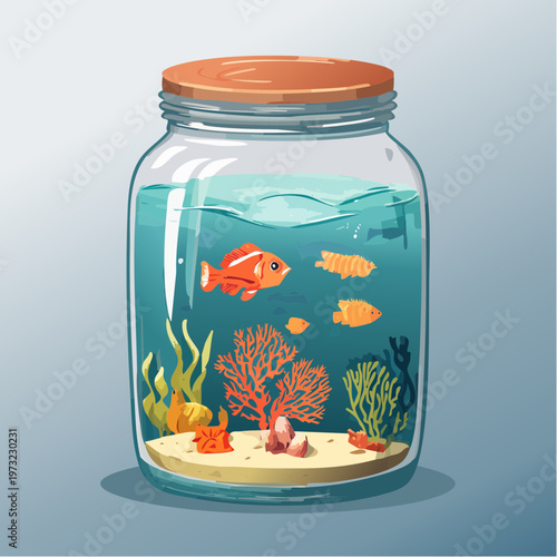 Vibrant underwater world in a glass jar with colorful fish and coral.
