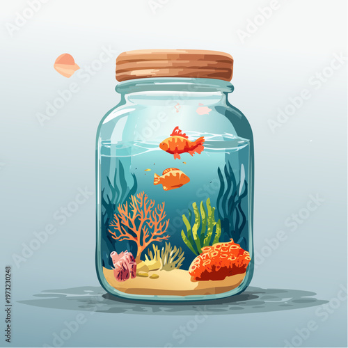 Small fish swimming in a glass jar with aquatic plants and coral.

