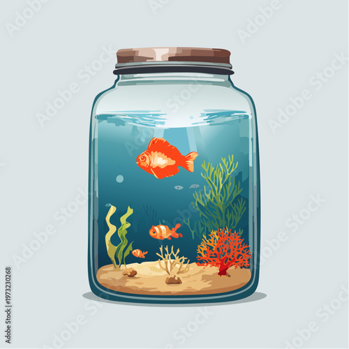 Goldfish swimming in a glass jar with aquatic plants and coral.