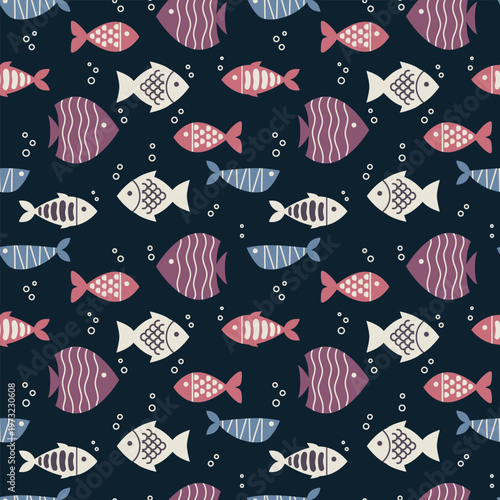 Marine fish seamless pattern. Sea animal background for wallpaper decoration, banners, wrapping paper, seafood restaurant. Vector illustration