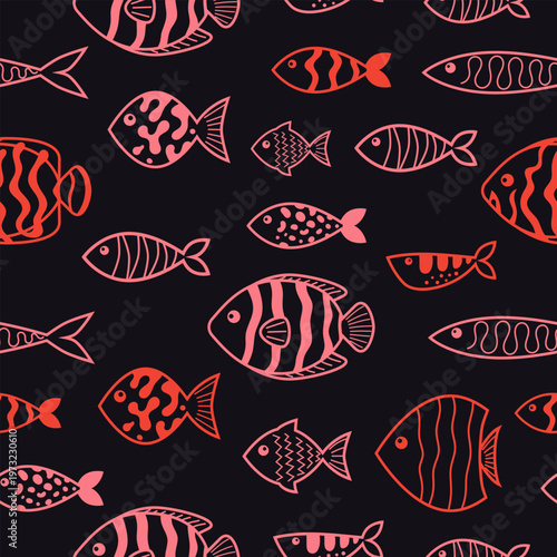 Marine fish seamless pattern. Sea animal background for wallpaper decoration, banners, wrapping paper, seafood restaurant. Vector illustration