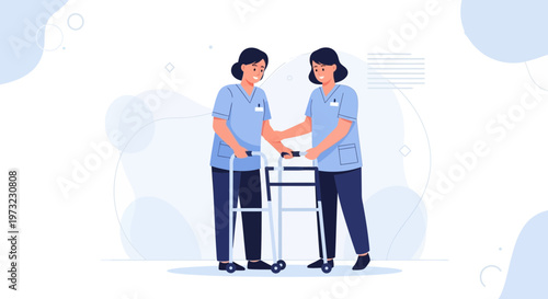 Nurse assisting elderly patient with walker, rehabilitation and care concept