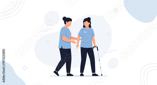 Nurse assisting elderly woman with cane, healthcare, support, medical care, home assistance