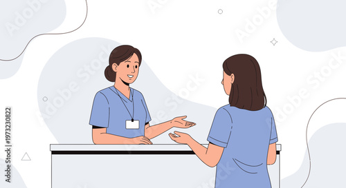 Nurse assisting patient at reception desk, healthcare communication, friendly service