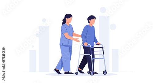 Nurse assisting patient with walker, rehabilitation and healthcare concept