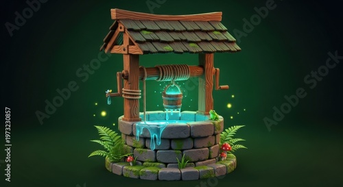 Enchanted wooden wishing well with glowing blue water and magical fairy lights in lush forest setting