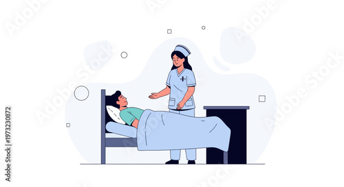 Nurse Caring for Patient in Hospital Bed, Healthcare Illustration