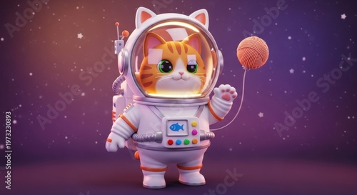Cute orange cat in astronaut suit holding planet toy in space-themed fantasy background