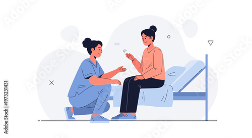 Nurse comforting patient in hospital bed, healthcare illustration