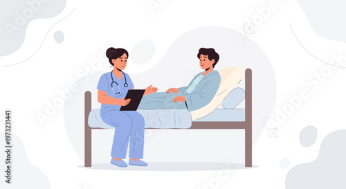 Nurse Consults Patient in Hospital Bed: Healthcare, Medical Care, and Recovery Concept