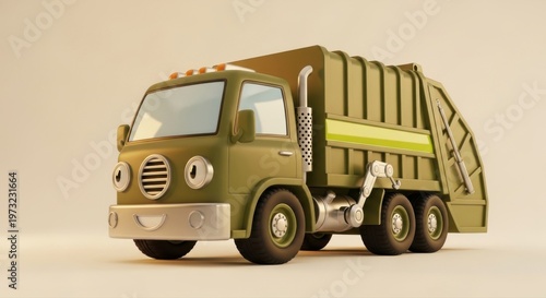 Cartoon garbage truck with friendly face driving on empty road in warm sunlight
